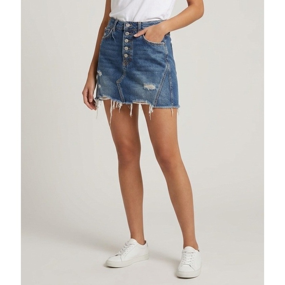 We The Free Denim Mini Skirt Women 29 Blue Distressed Button Fly Raw Hem Boho